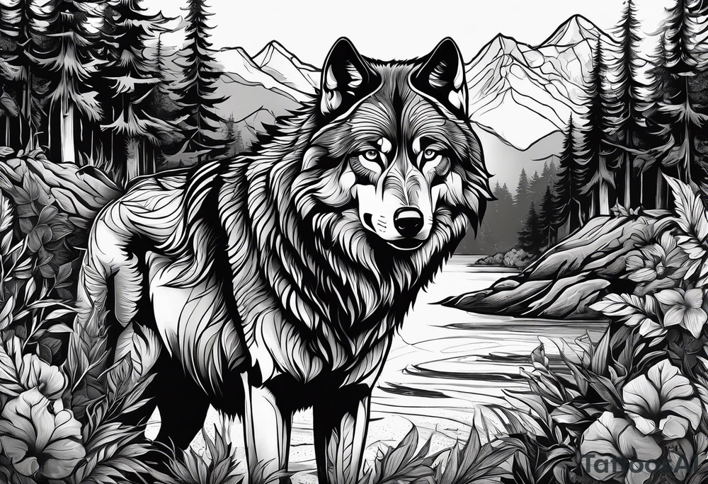 Halbes Gesicht eines Wolfes
Mit Keltischen Zeichen
Im Hintergrund Wald und Berge tattoo idea