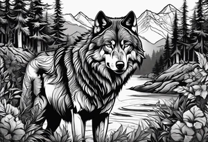 Halbes Gesicht eines Wolfes
Mit Keltischen Zeichen
Im Hintergrund Wald und Berge tattoo idea