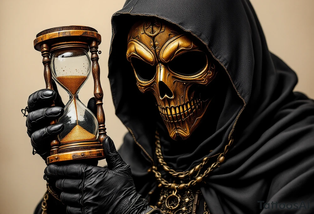 Plague Doctor with Hourglass – A mysterious doctor holding an old wooden hourglass with golden sand flowing inside. The mask is deep brown with brass accents, and the robe is black with silver lining. tattoo idea