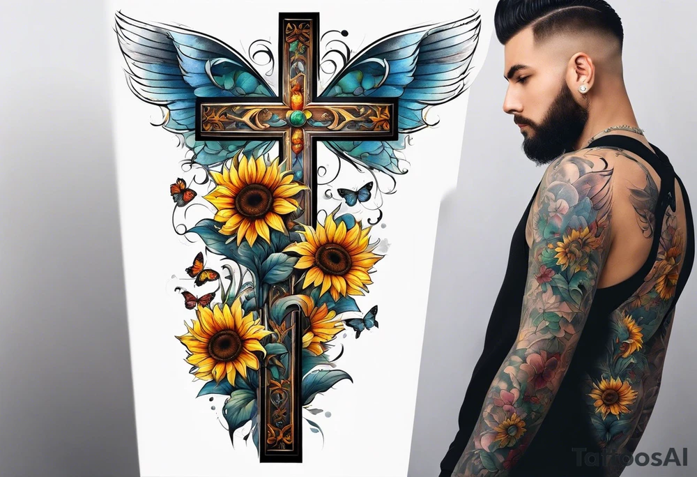 Winged cross with sunflower flowers and butterflies calf sleeve tattoo idea
