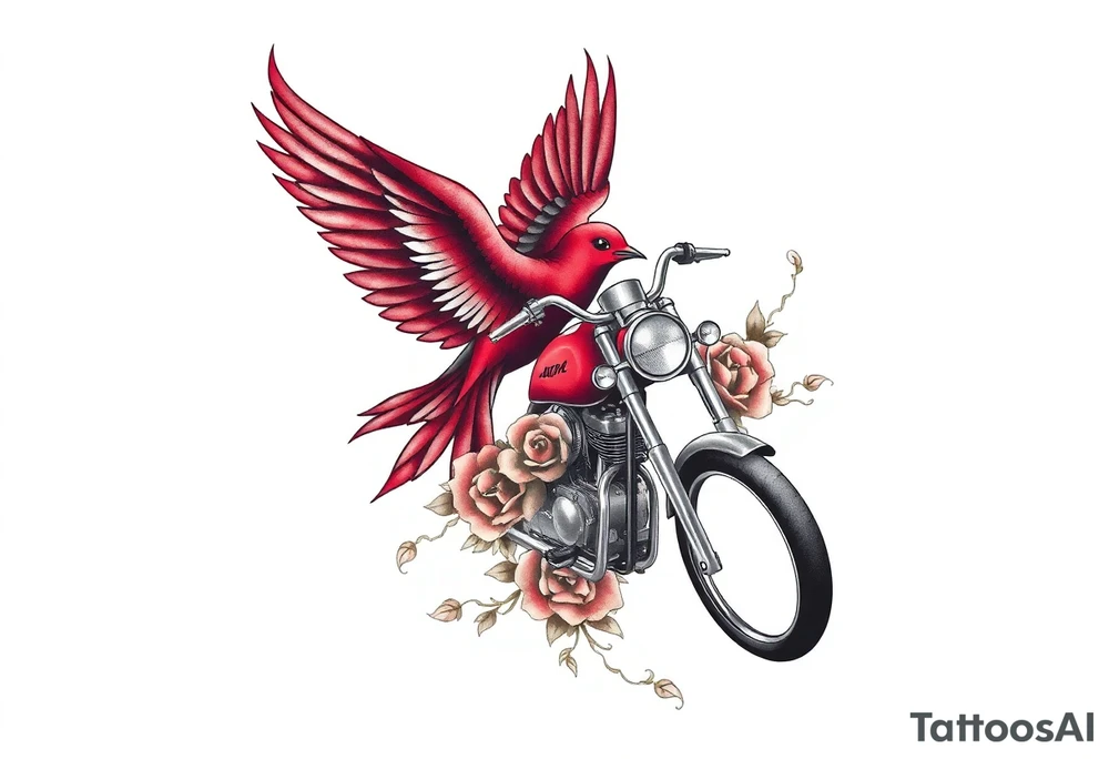 Motorcycle, red bird flying, roses and lace, flames tattoo idea