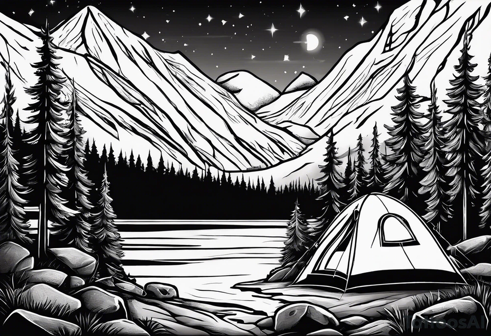 tent and camp fire with stone seating 
forest mountains and the northern lights in the sky tattoo idea