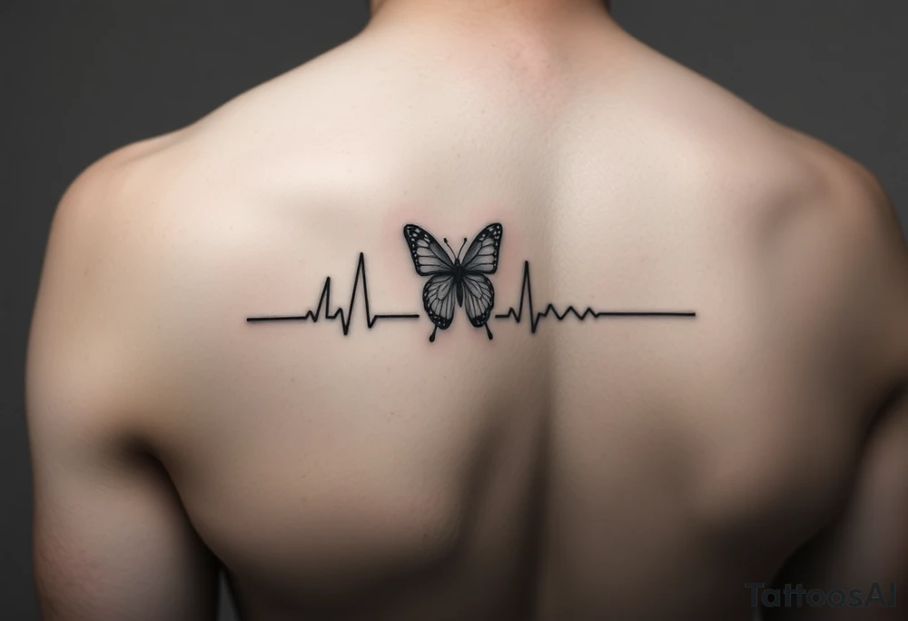 A forearm tattoo that is a heart beat and translations into the name “Kai” and have a small butterfly as the dot in the letter “i” tattoo idea