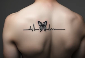 A forearm tattoo that is a heart beat and translations into the name “Kai” and have a small butterfly as the dot in the letter “i” tattoo idea