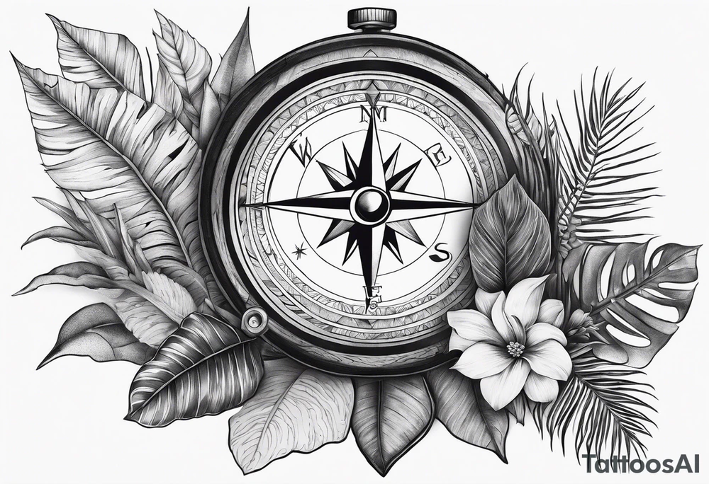 sleeve tattoo with jungle plants, compass, all-seeing eye tattoo idea