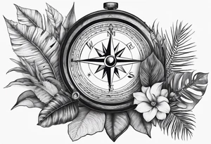sleeve tattoo with jungle plants, compass, all-seeing eye tattoo idea