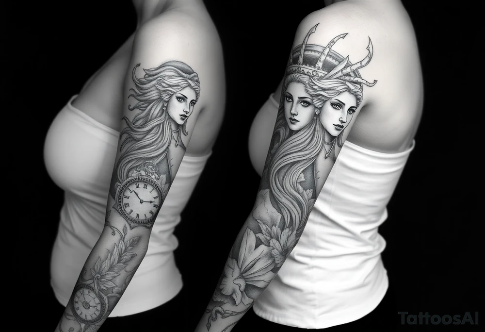 powerful Greek Goddess tattoo sleeve. add big pieces of greek goddess like medusa and Athena and add some piece in there of the weight scale and clocks and maybe little lettering in there. make it not super dark work use Pinterest inspiration. make it’s not covering the entire arm most of it but not fully covered add multiple greek goddess not just one tattoo idea