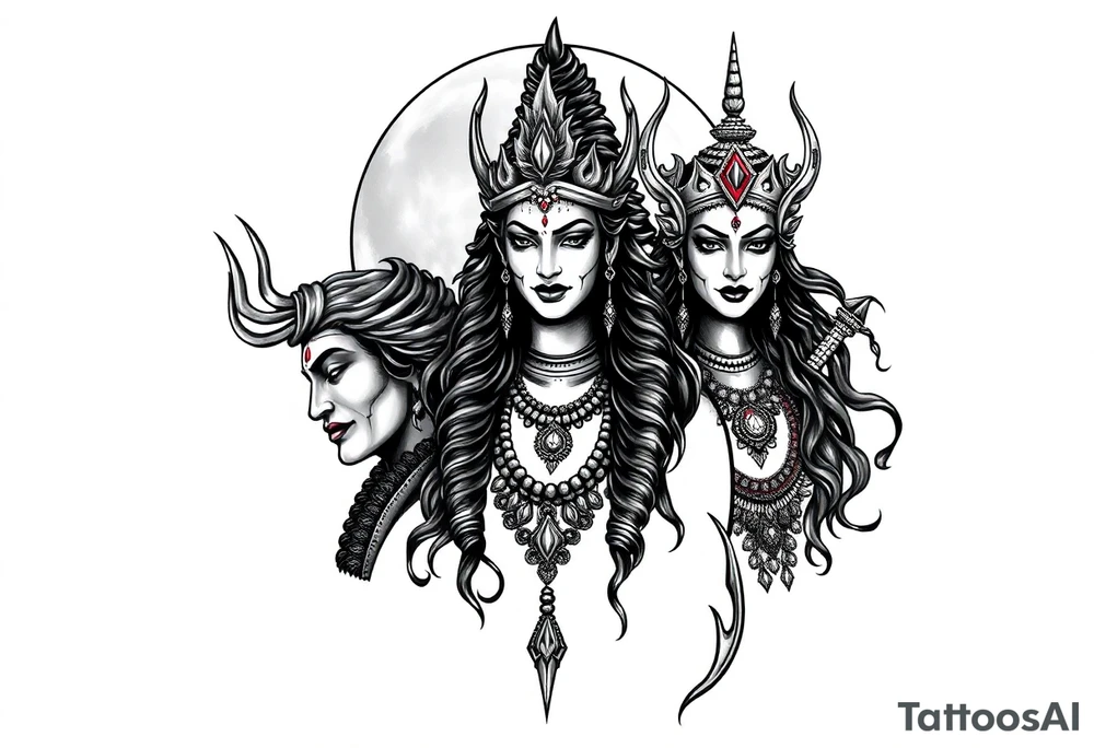 Lord Shiva, Godess Kali, Godess Lilith Together with the moon in the background tattoo idea