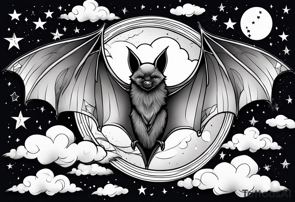 A bat wrapped in clouds and smoke with stars and sparkles and a moon tattoo idea