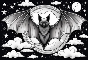 A bat wrapped in clouds and smoke with stars and sparkles and a moon tattoo idea