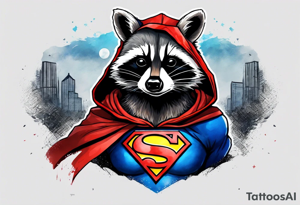 raccoon wearing a Superman hoodie tattoo idea