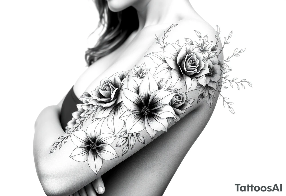 Arm and shoulder tattoo including roses, Lilly’s, and other beautiful flowers tattoo idea