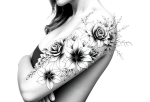 Arm and shoulder tattoo including roses, Lilly’s, and other beautiful flowers tattoo idea