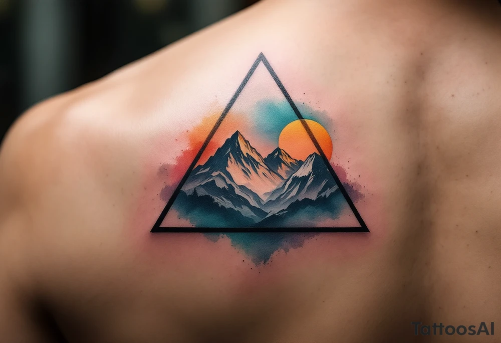 A triangle with a big heart in the cente with a mountain theme tattoo idea