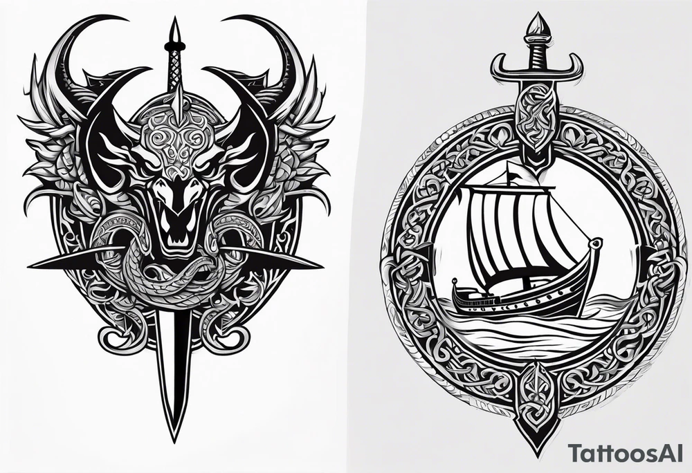 Valhalla sword shield viking ship dragon head tattoo idea Valhalla sword shield viking ship dragon head tattoo idea