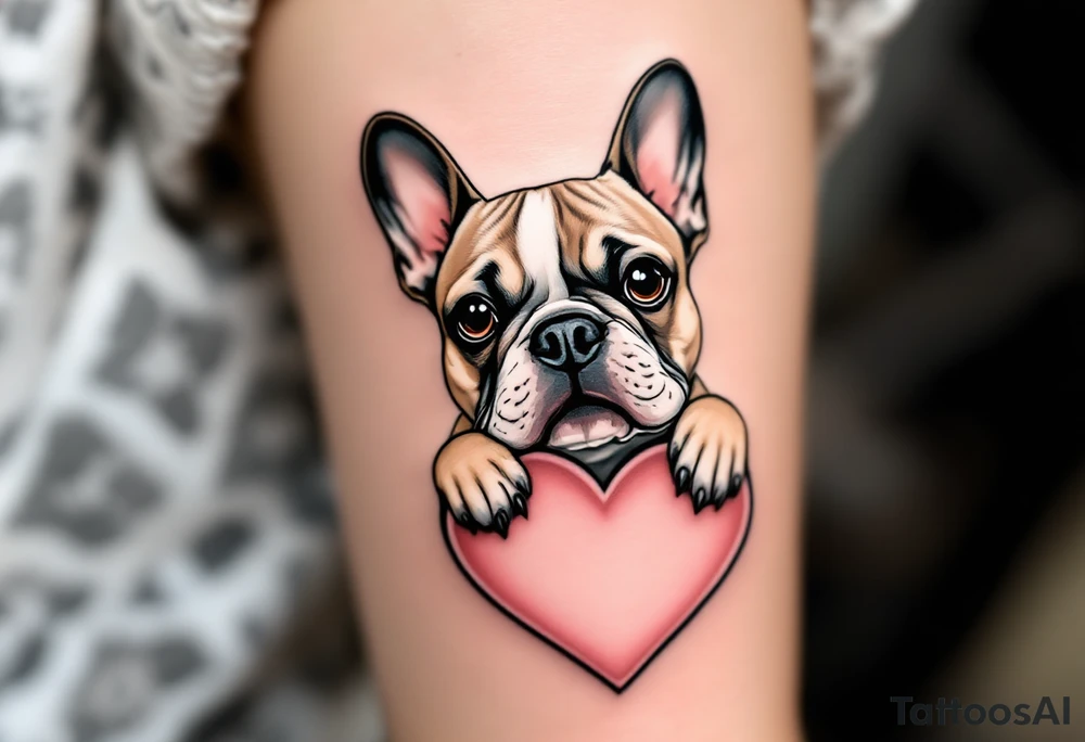 French Bulldog inside a heart-shaped frame, paws leaning over the edge, colored tan and white with light pink shading around the heart. tattoo idea