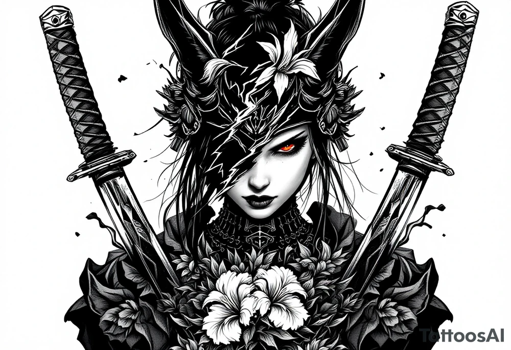 Woman samurai with red eyes wearing an half and broken kitsune mask, holding katanas and Iris flowers ornement tattoo idea