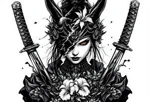 Woman samurai with red eyes wearing an half and broken kitsune mask, holding katanas and Iris flowers ornement tattoo idea