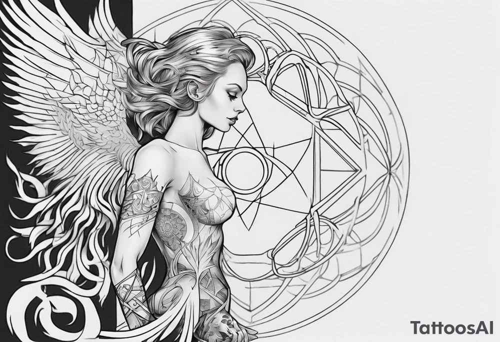 Sleeve for woman's arm sacred geometry Metatron's cube with phoenix tattoo idea