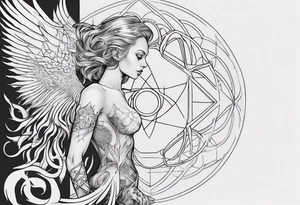 Sleeve for woman's arm sacred geometry Metatron's cube with phoenix tattoo idea