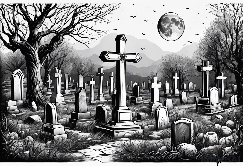 graveyard with moon tattoo idea