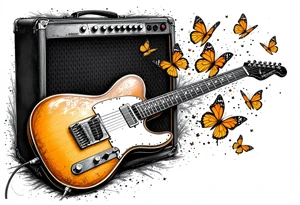 An electric guitar plugged into an amp with butterflies flying around it in memory of tattoo tattoo idea