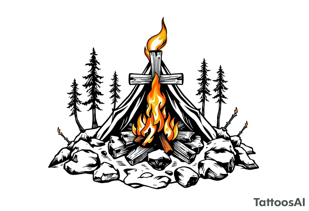 Campsite with a campfire with a cross tattoo idea
