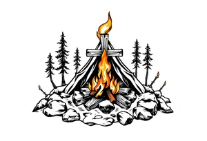 Campsite with a campfire with a cross tattoo idea