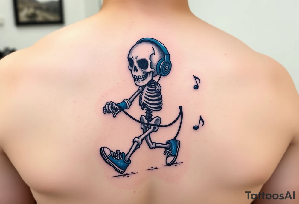 Minimalist funny looking dwarf skeleton skipping on a jumping rope with blue headphone blue tennis shoes blue arm bands and music notes colorful tattoo idea