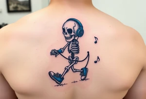 Minimalist funny looking dwarf skeleton skipping on a jumping rope with blue headphone blue tennis shoes blue arm bands and music notes colorful tattoo idea