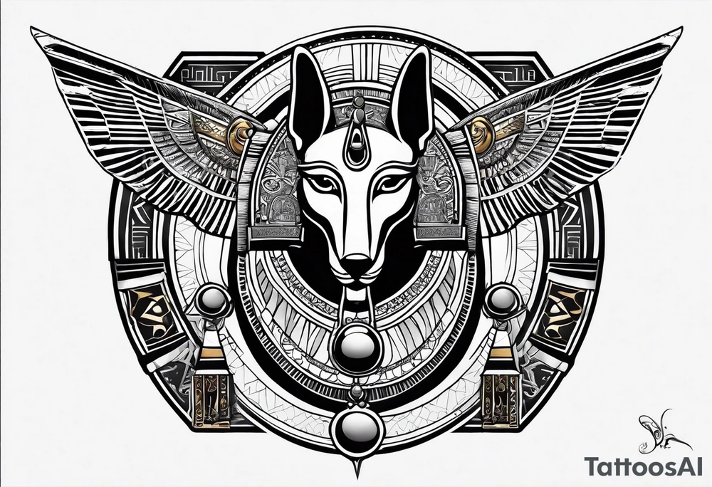 egyptian theme arm sleeve anubis Ra ankh scarab eye of horus tattoo idea