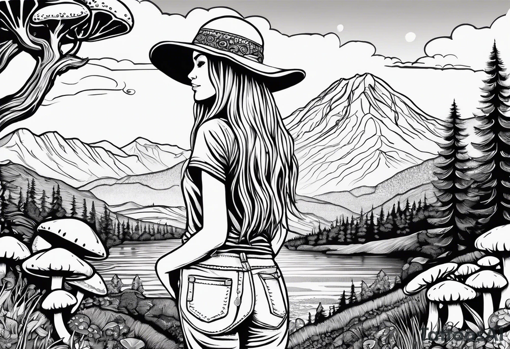 Straight long blonde hair hippie girl in distance holding mushrooms in hand facing away toward mountains and creek surrounded by mushrooms tee shirt and hiking pants tattoo idea