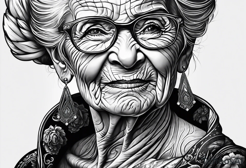 Muscular old lady posing. tattoo idea