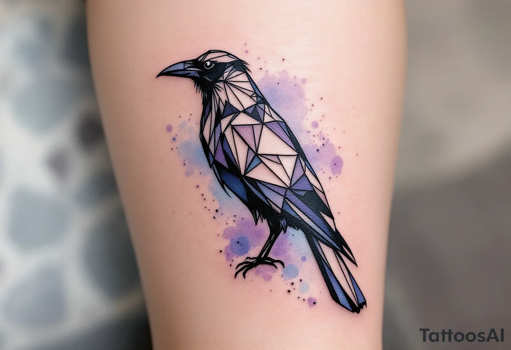 Geometric Crow – A crow formed out of black geometric shapes and sharp lines, with a soft watercolor background in muted purple and blue. tattoo idea
