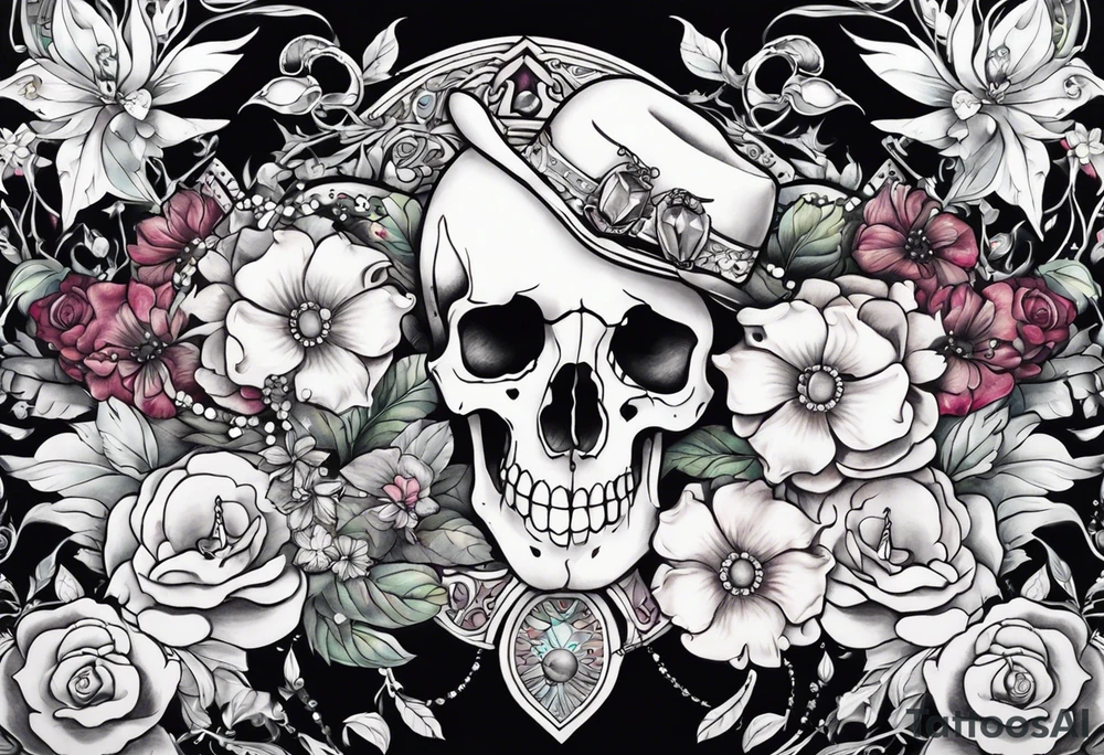 Neo traditional floral chest piece tattoo with small animal skulls and crystals tattoo idea