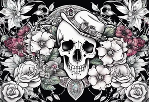 Neo traditional floral chest piece tattoo with small animal skulls and crystals tattoo idea