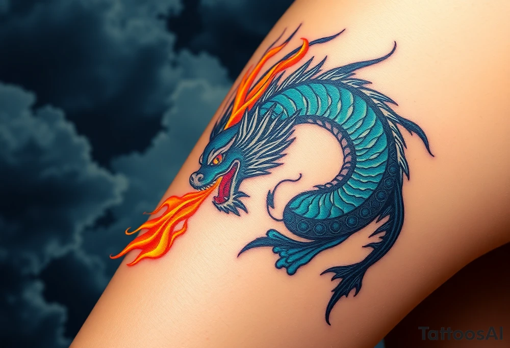 fierce dragon breathing iridescent fire against stormy skies tattoo idea