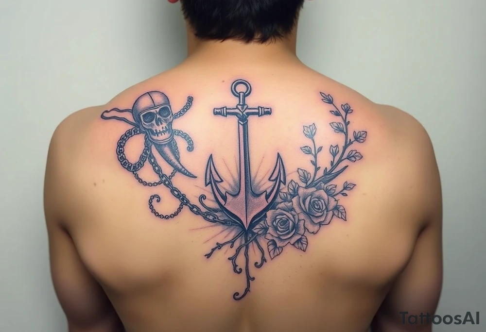 Squid and knight and anchor combined with chains, tree roots, cherry blossoms and roses rolling dice tattoo idea
