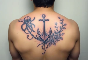 Squid and knight and anchor combined with chains, tree roots, cherry blossoms and roses rolling dice tattoo idea
