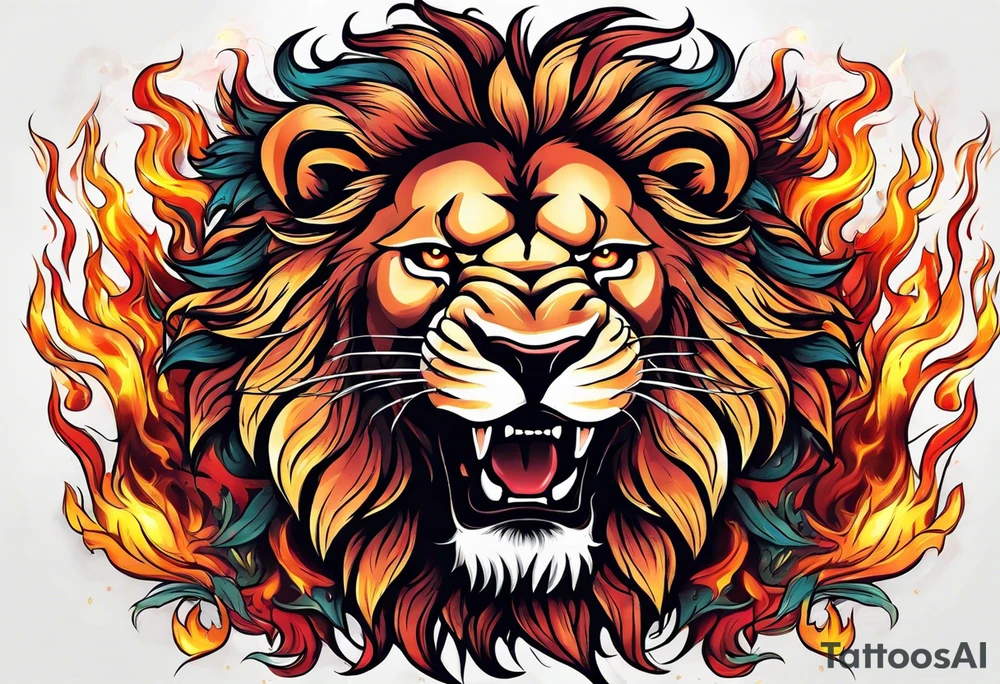An angry lion surrounded by fire in full color tattoo idea