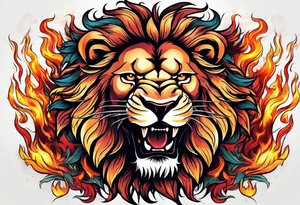An angry lion surrounded by fire in full color tattoo idea