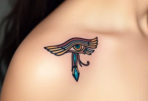 A traditional Egyptian-style Eye of Horus, adorned with turquoise and lapis lazuli details, reflecting the sacred colors of Egypt tattoo idea