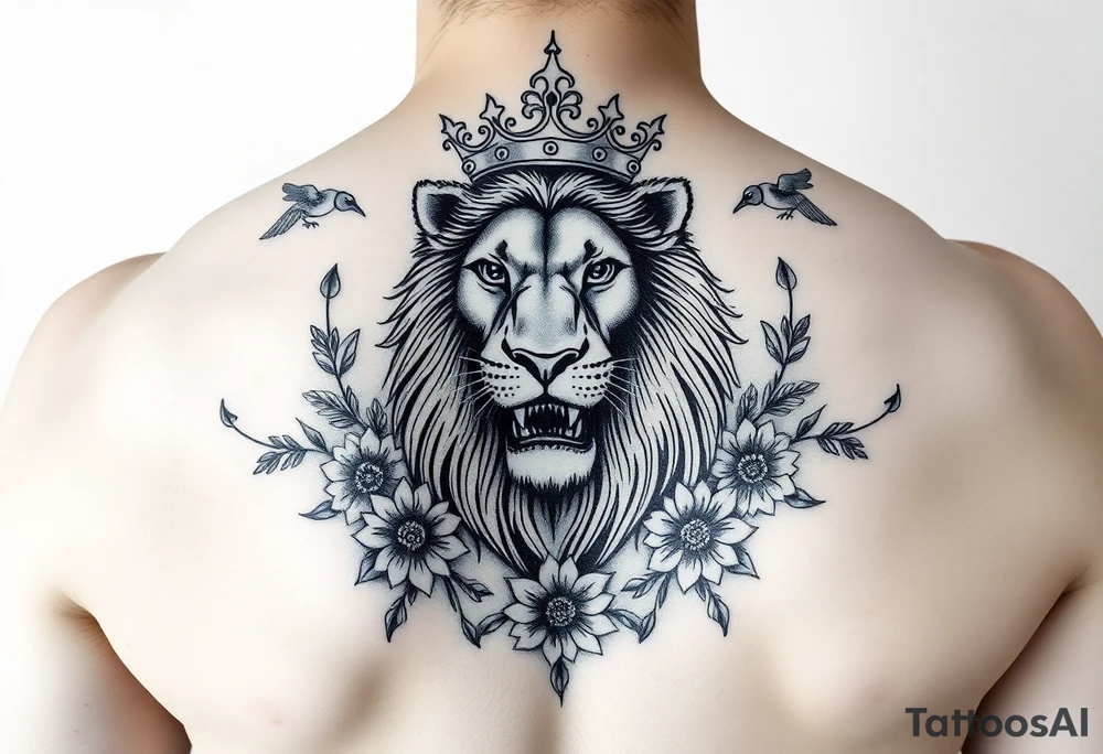 powerful majestic lion with a crown, surrounded by floral ornaments and birds tattoo idea