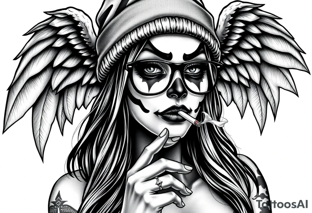 Chicana BBL sexy chunky plus size beautiful long hair clown makeup angel wings thug beanie eyeglasses smoking a cigarette tattoo idea