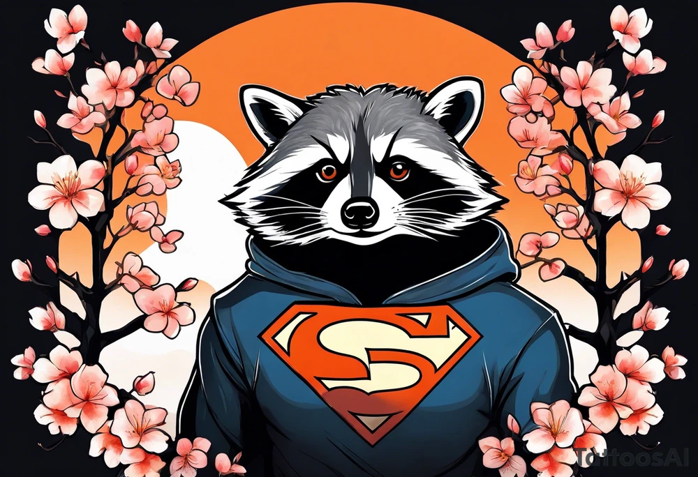 Raccoon wearing a white Superman logo on a black hoodie and orange Japanese cherry blossoms tattoo idea
