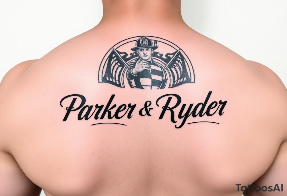 The names Parker and Ryder on my forearm with fire department background tattoo idea