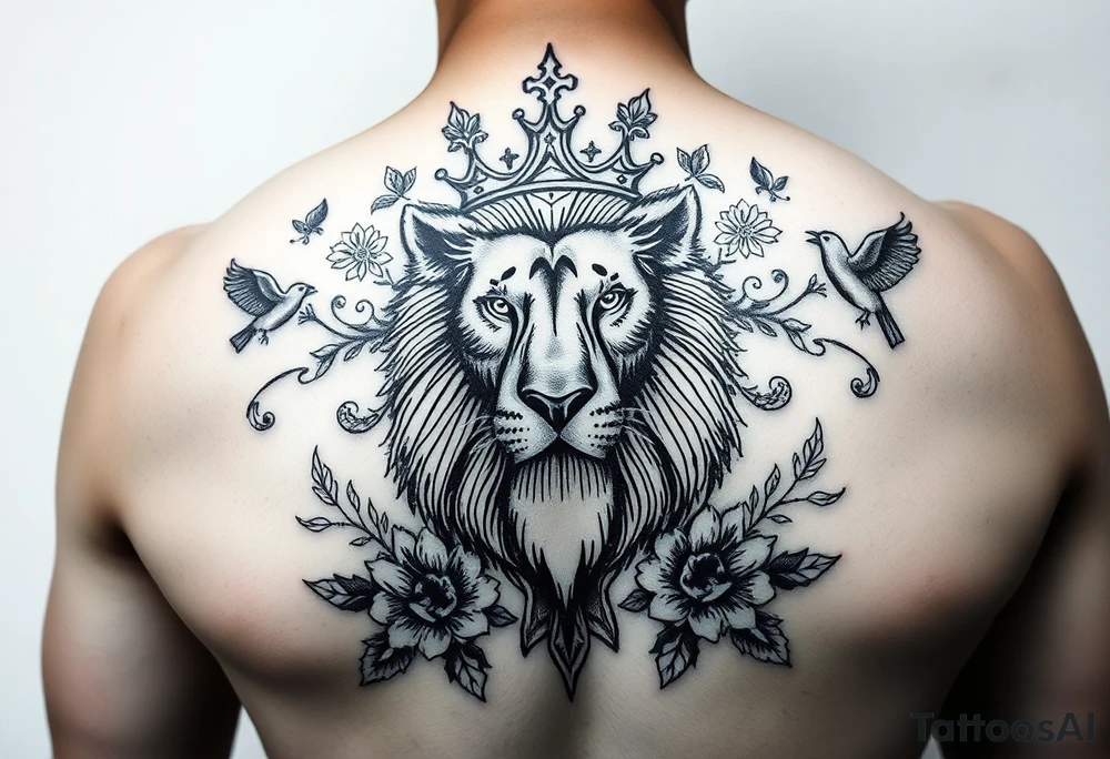 powerful majestic lion with a crown, surrounded by floral ornaments and birds tattoo idea