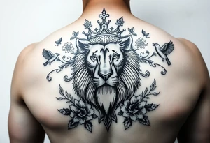 powerful majestic lion with a crown, surrounded by floral ornaments and birds tattoo idea