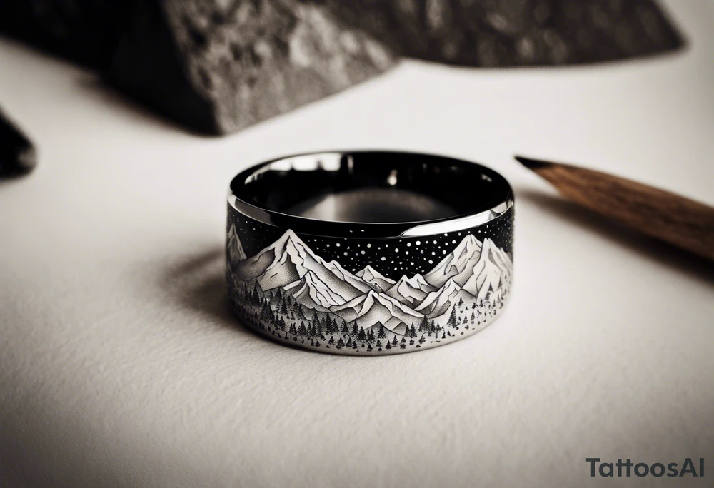 lord of the rings ring lettering with mountains above it and silhouette image of the characters on their travels through the mountains tattoo idea