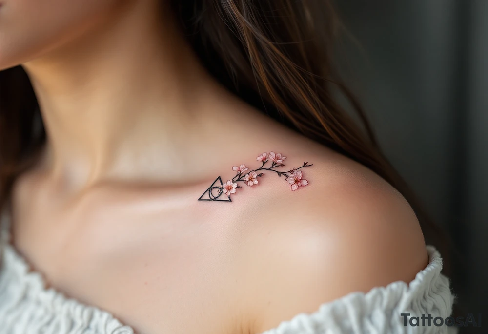 A delicate triquetra intertwined with blooming cherry blossoms, with soft pink and white petals adding a touch of femininity. tattoo idea